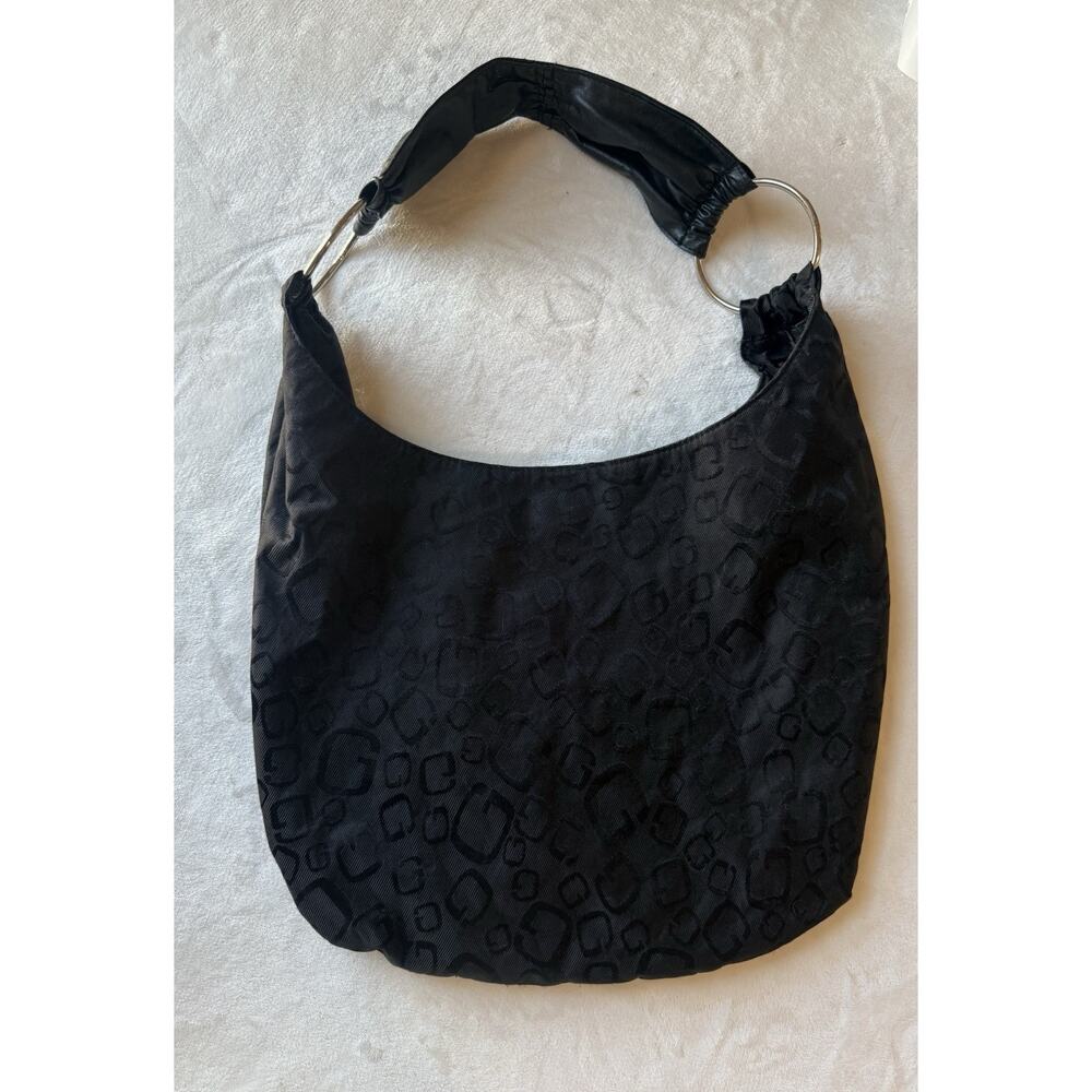 Black Geometric Pattern Shoulder Bag Silver Hardware Ring Accent Rectangle Purse